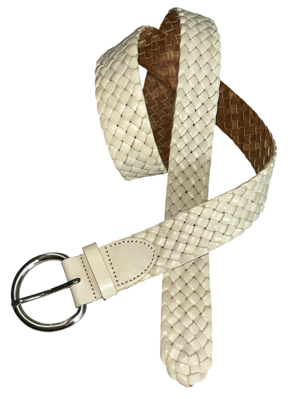 Talbots Cream Woven Leather Wide Belt with Silver Tone Solid Brass Buckle XL - Picture 6 of 6